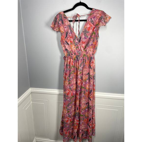 Band of Gypsies, Size Small, Pink Floral Faux Wrap Maxi Dress, Flutter Sleeve - Picture 6 of 7